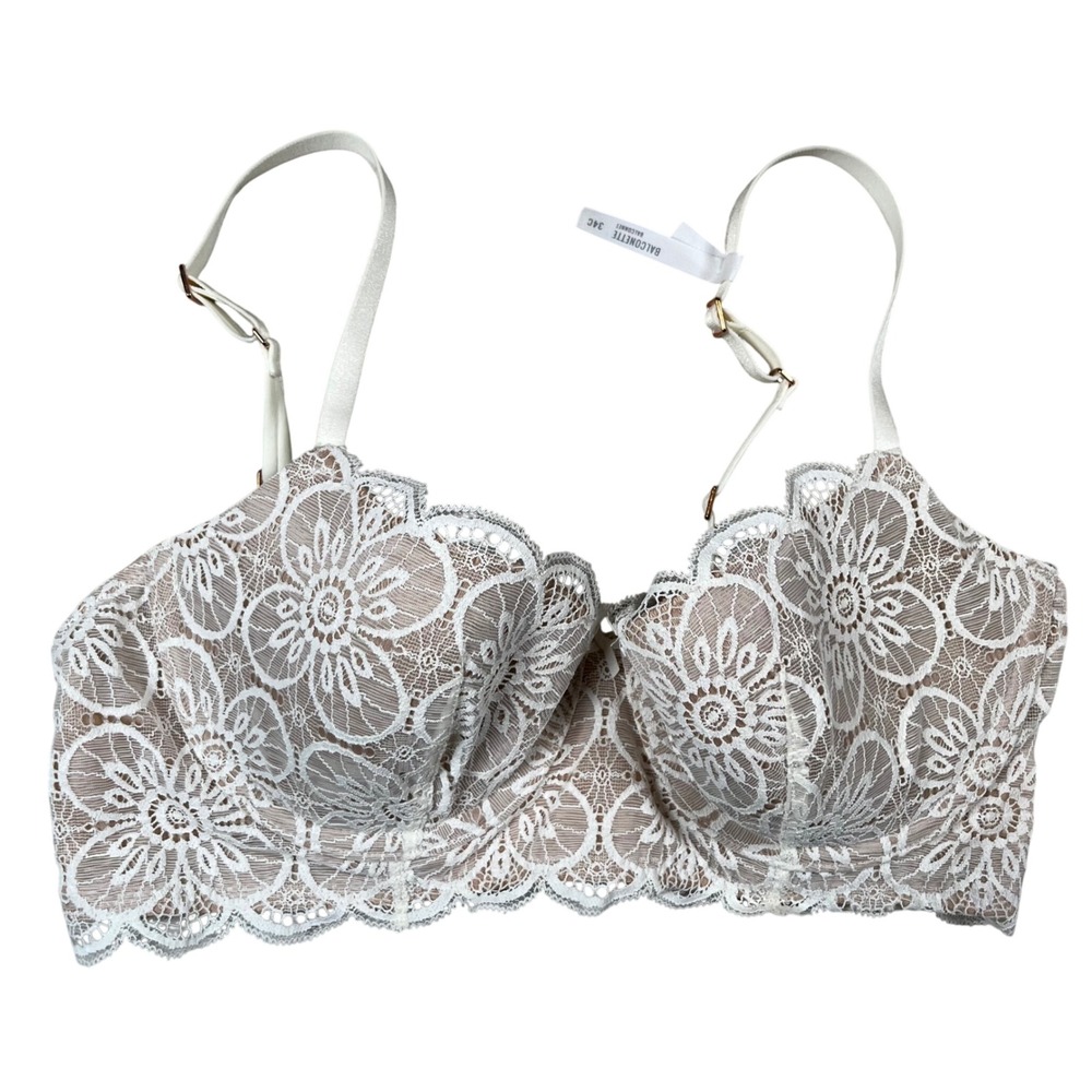 Aerie Balconette Bra Women 34C White‎ Tan Lace Underwire Coquette Romantic NWOT